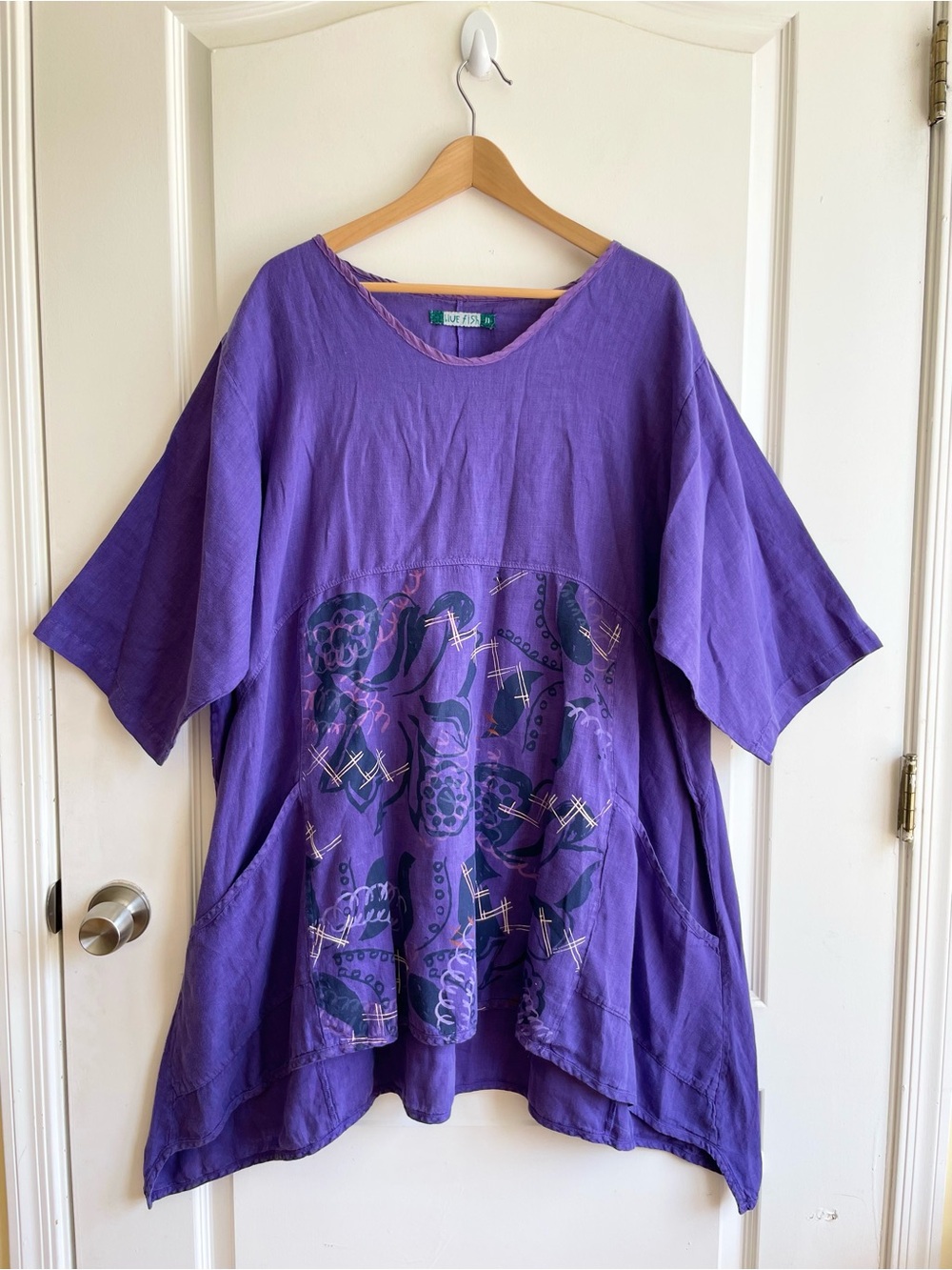 Blue Fish Purple 100% Linen Asymmetrical Tunic Floral Abstract Art Print 2x